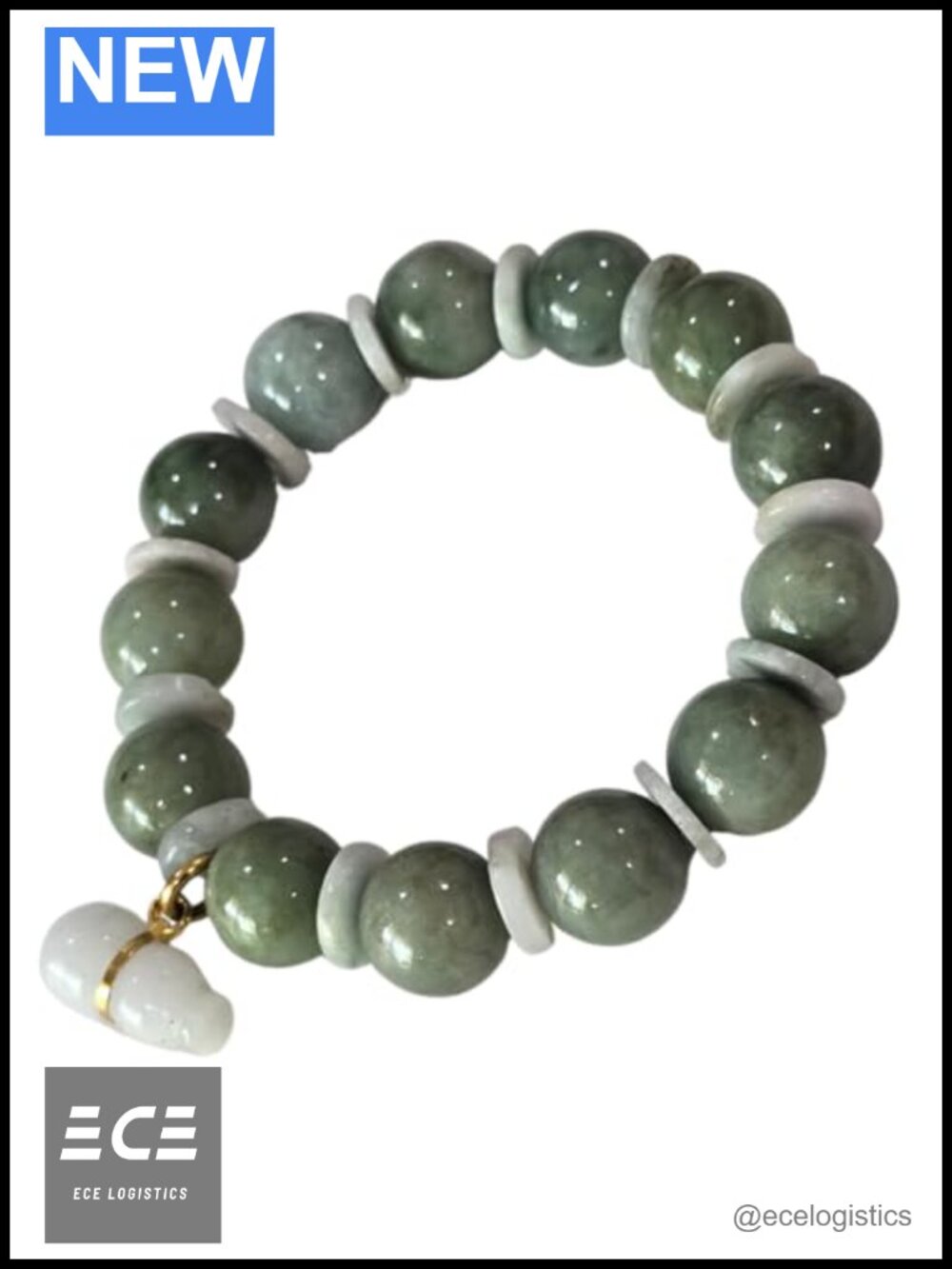 Green Jade Beaded Stretch Bracelet White Gourd Charm Feng Shui